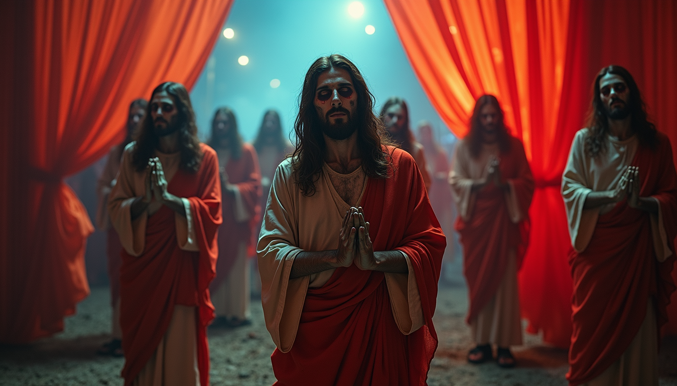 Eye-level view of an intriguing photo booth setup featuring Zombie Jesus decorations
